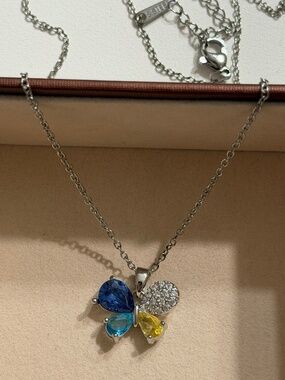 Silvery Multicolor Zirconia Butterfly Pendant Stainless Steel Stamped Necklace